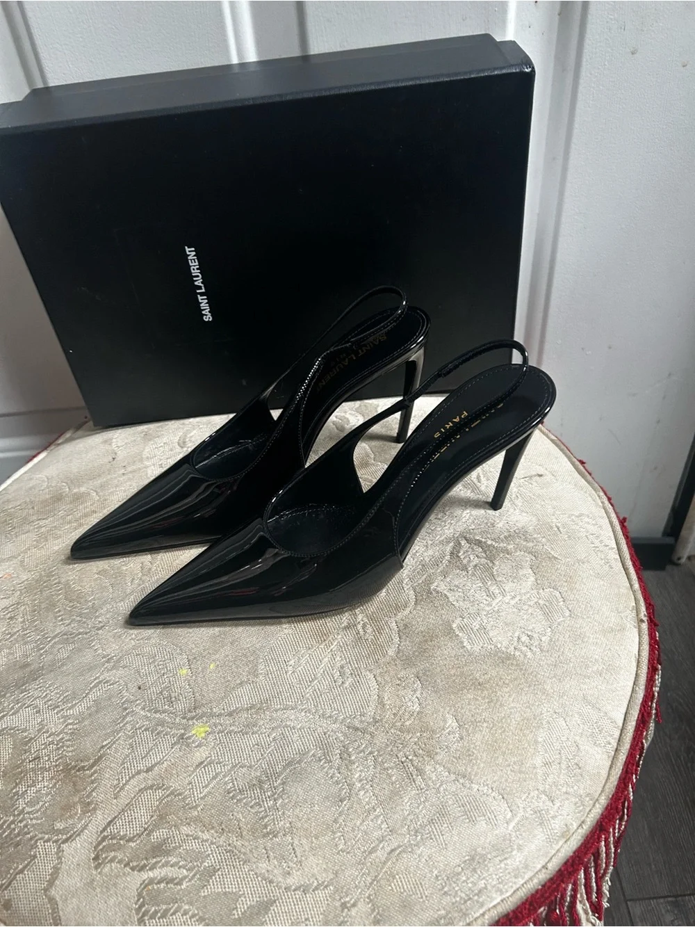 Saint Laurent Black Patent Pointed Slingback Pumps - Picture 6 of 11